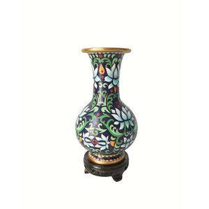 Vintage Cloisonne Lotus Vase with Wood Stand Hand Painted Floral Enamel